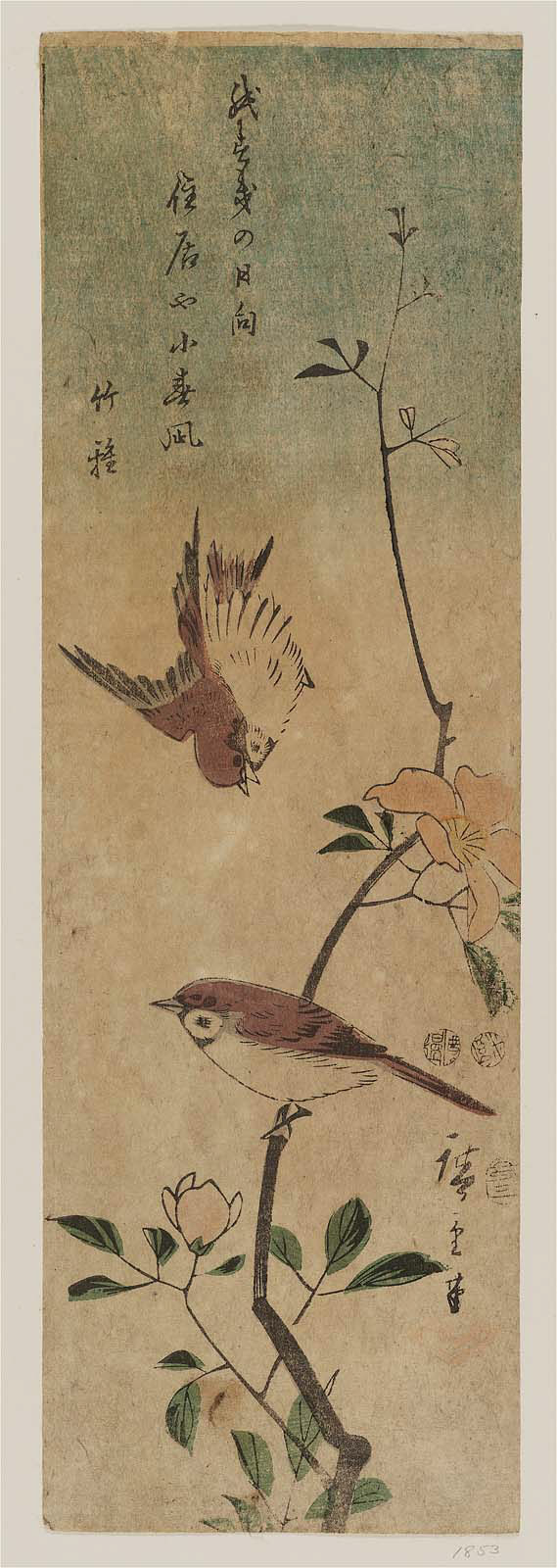 Hiroshiges - Sparrows and Camellia - Chū-tanzaku Format