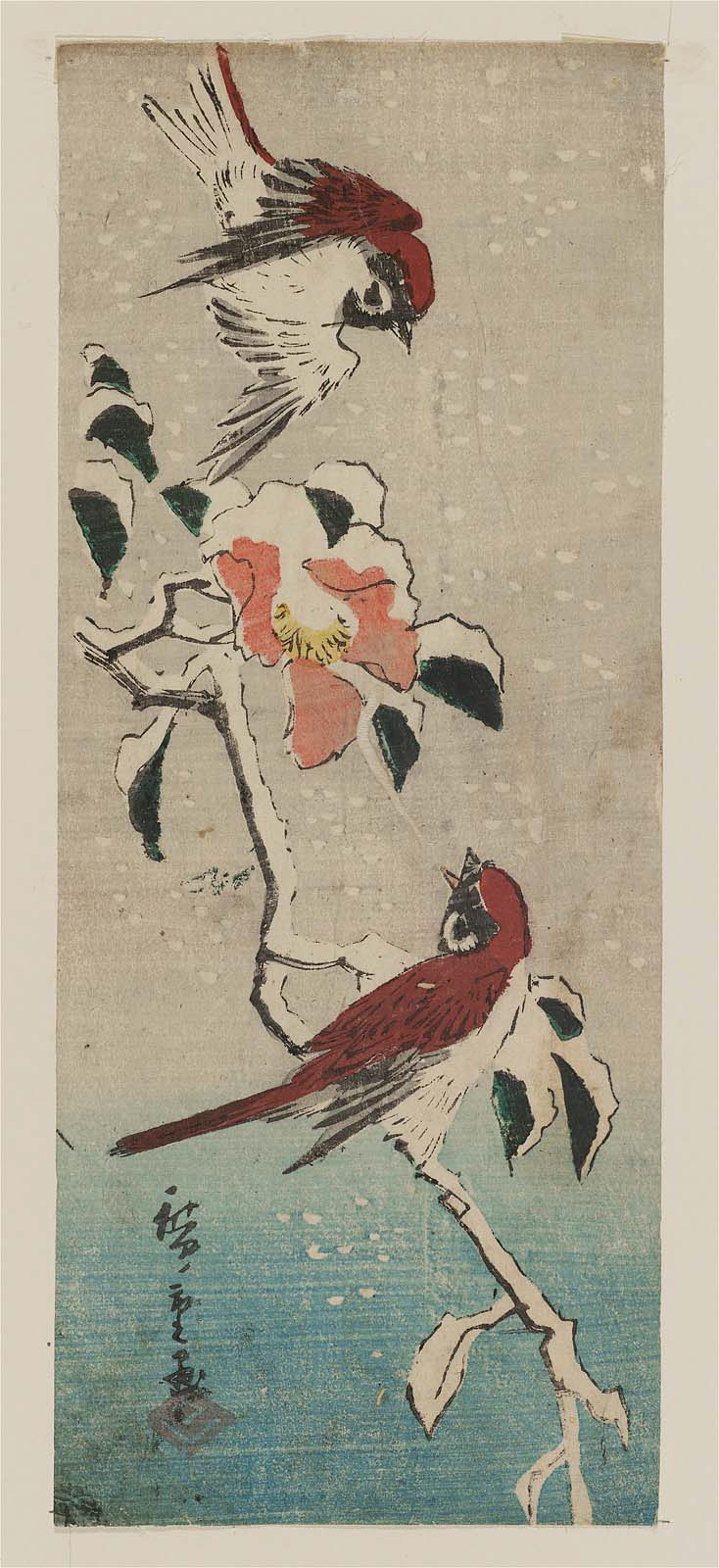 Hiroshiges - Sparrows and Camellia in Snow - Chū-tanzaku Format