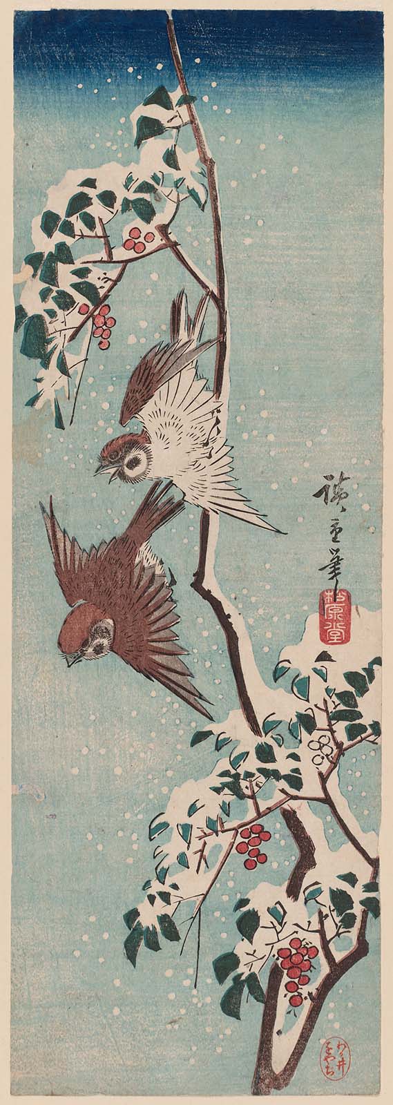 Hiroshiges - Sparrows and Snow-covered Nandina - Chū-tanzaku Format