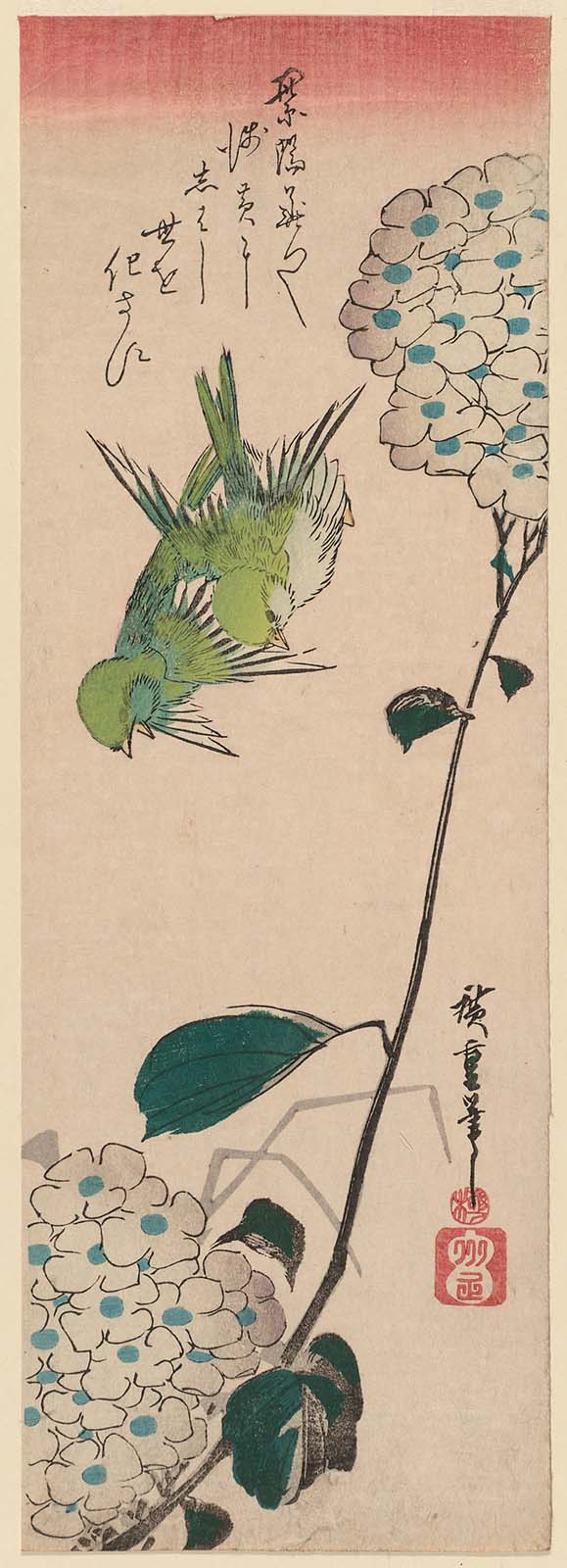 Hiroshiges - Two Birds and Hydrangea - Chū-tanzaku Format