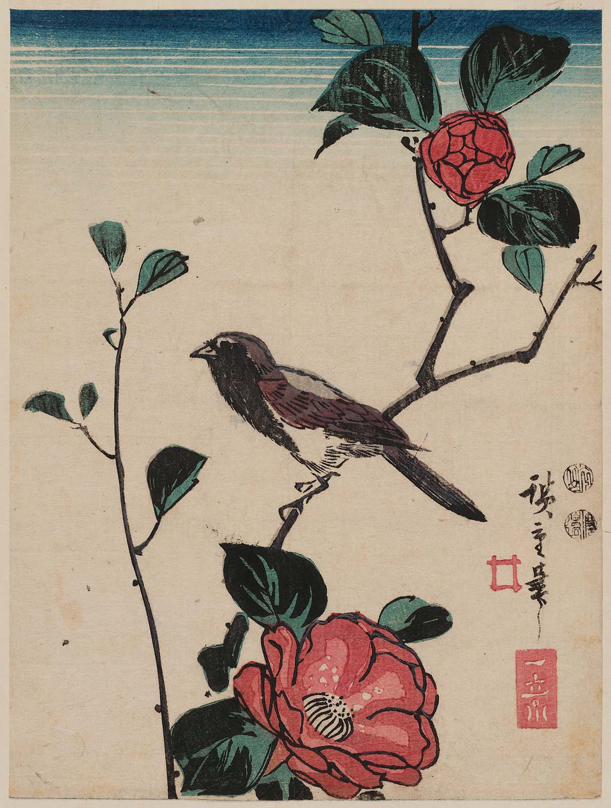 Hiroshiges - Bird on Camellia Branch - Chūban Format