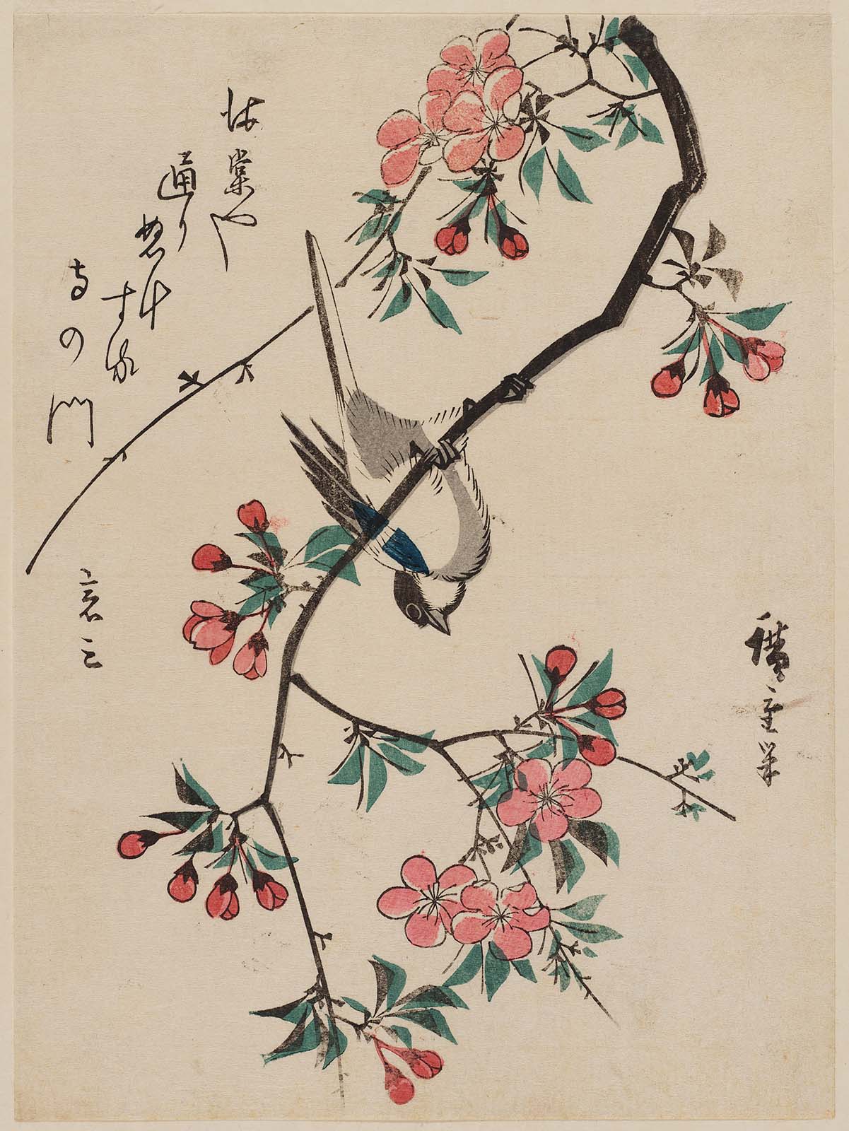 Hiroshiges - Bird Upside-down on Aronia Branch - Chūban Format