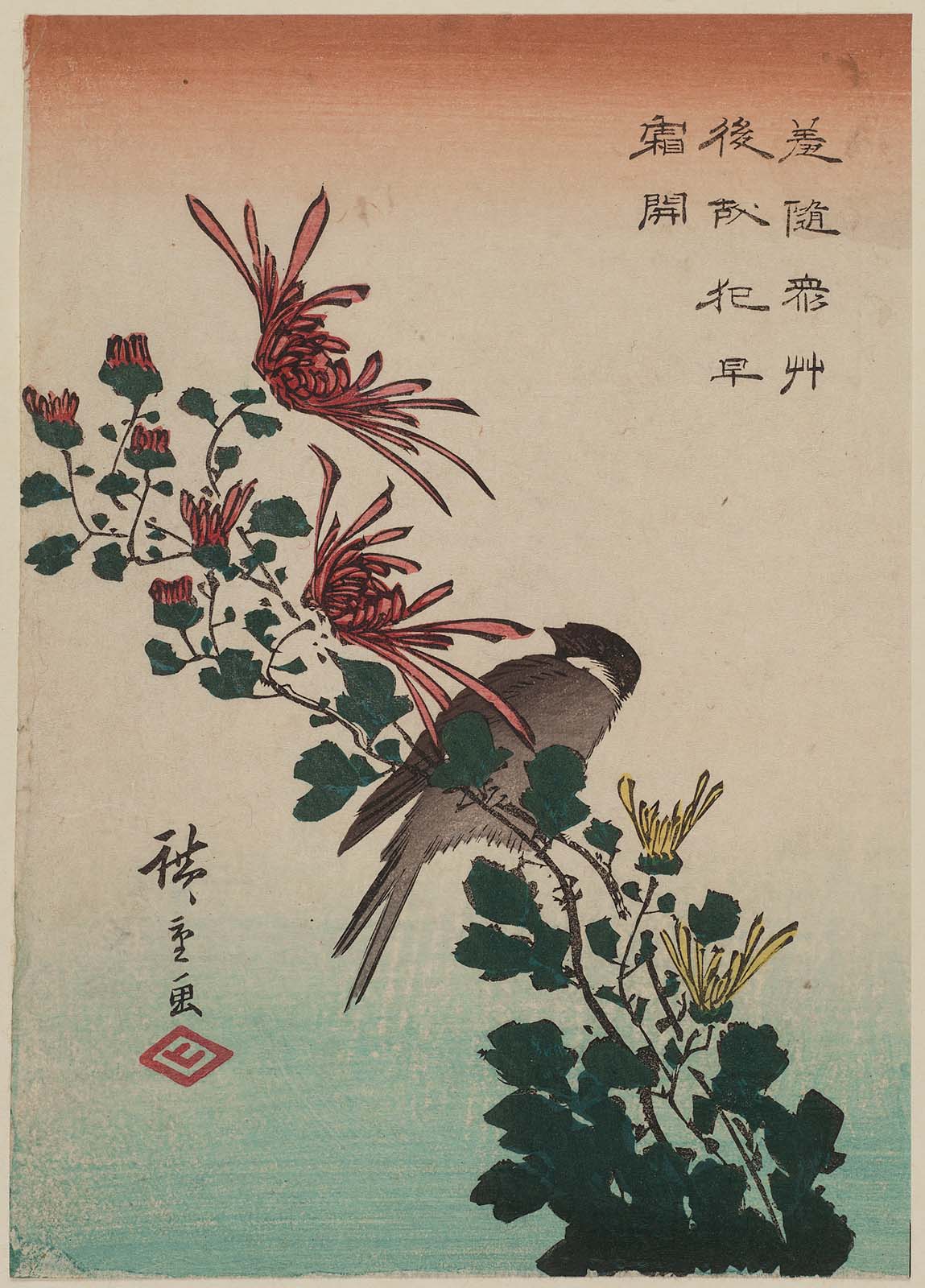 Hiroshiges - Bird and Wild Chrysanthemums - Chūban Format