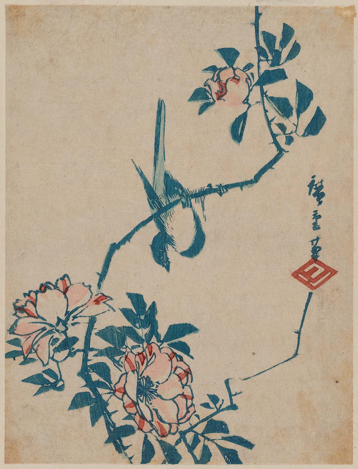 Hiroshiges - Bird on Wild Rose Branch - Chūban Format