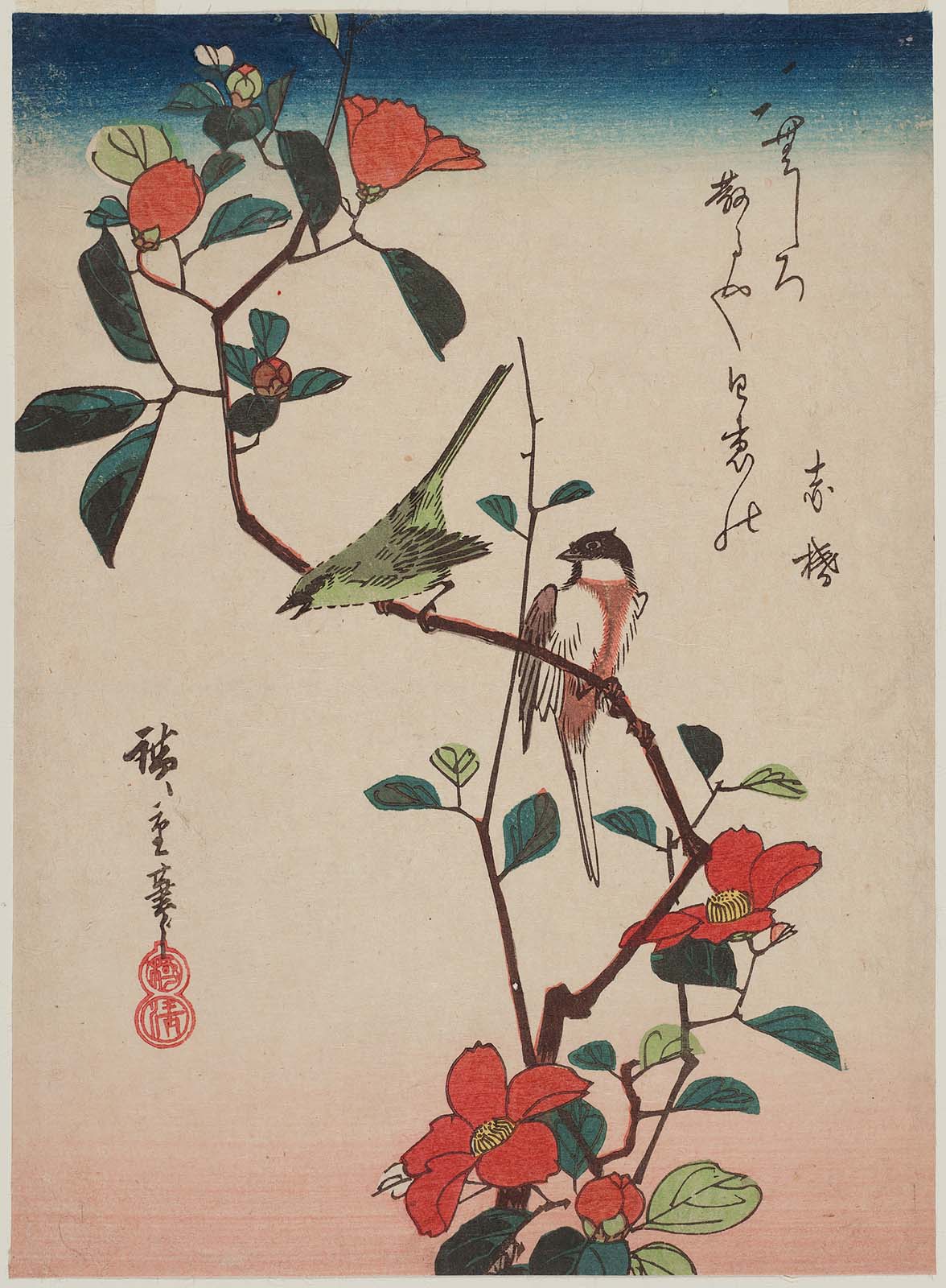 Hiroshiges - Birds on Camellia Branch - Chūban Format