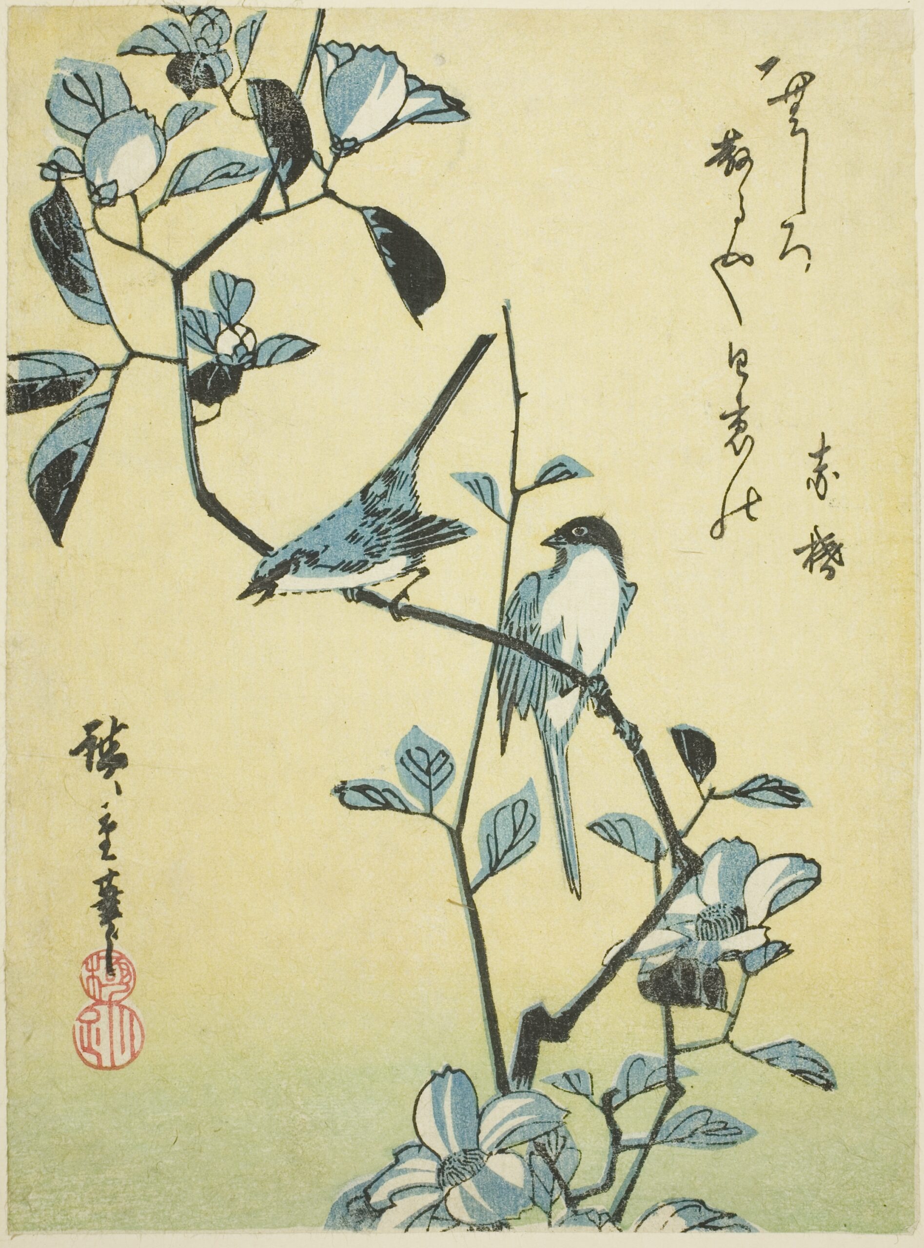 Hiroshiges - Birds on Camellia Branch - Chūban Format