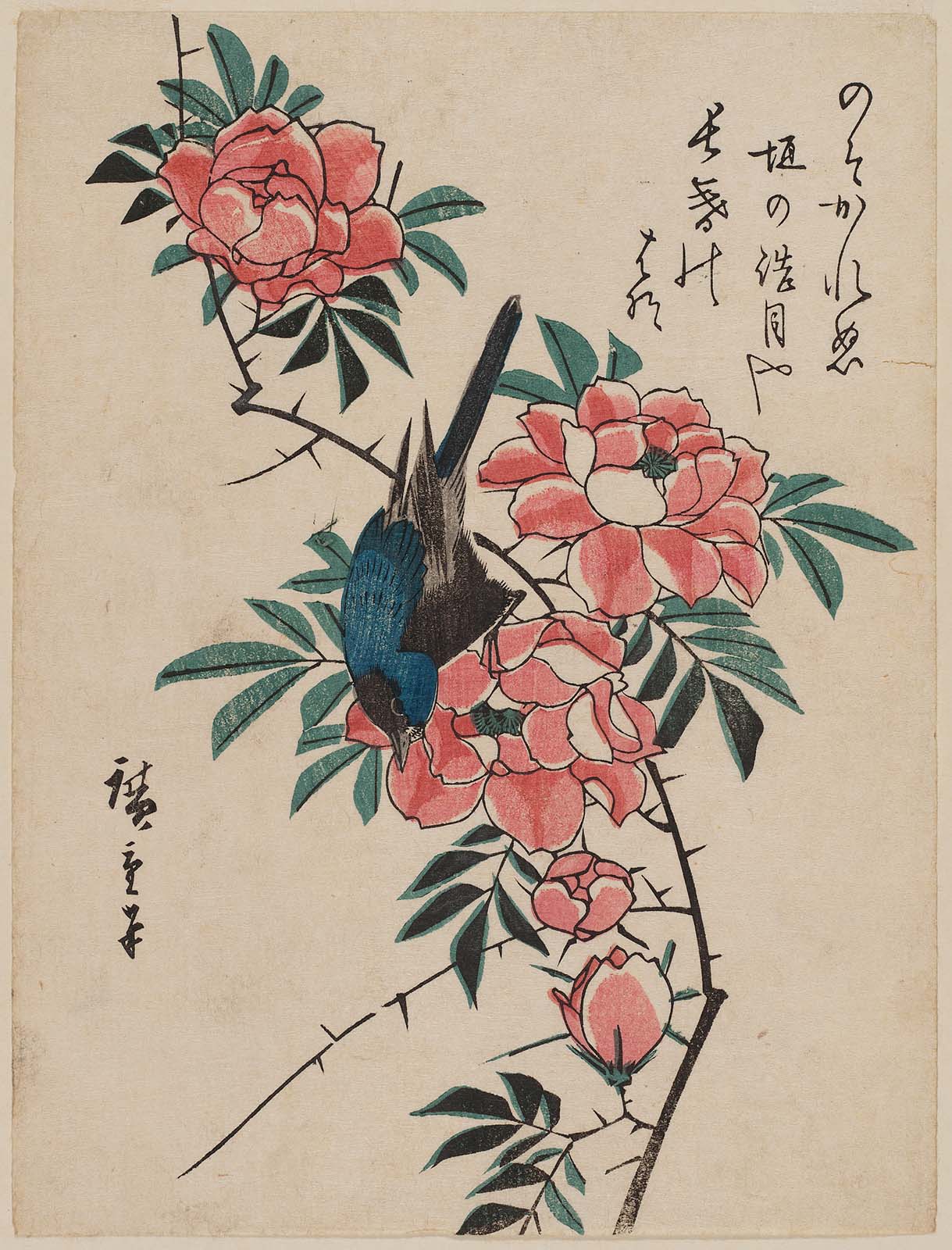 Hiroshiges - Bluebird and Wild Rose - Chūban Format