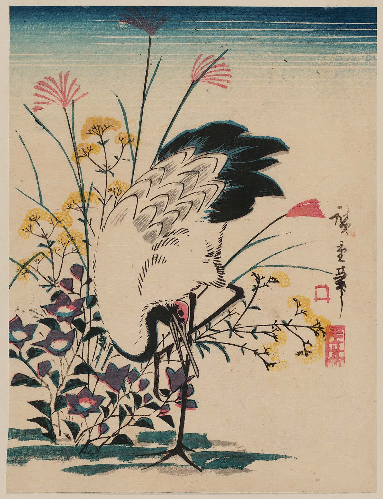 Hiroshiges - Crane and Autumn Flowers - Chūban Format