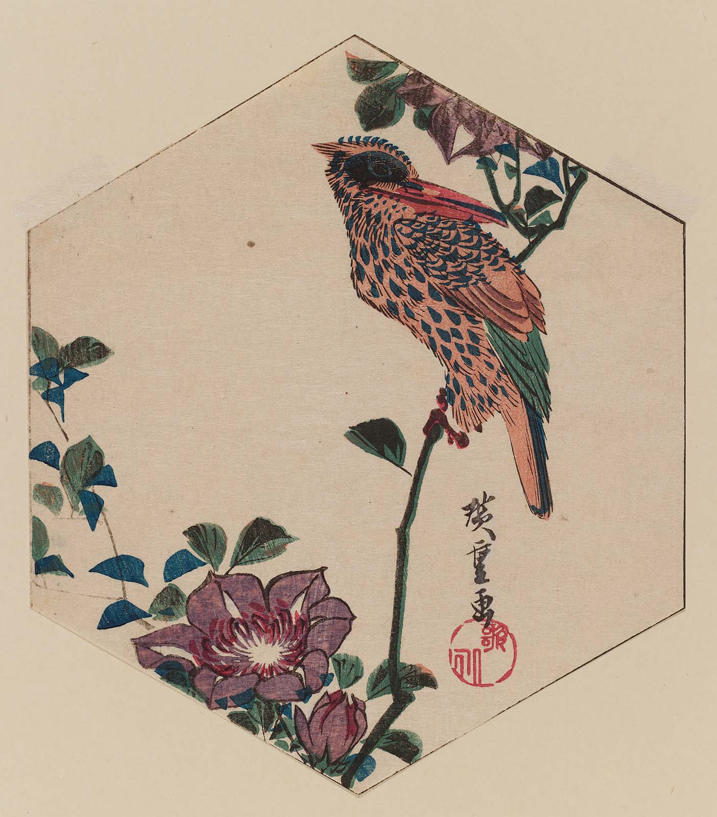 Hiroshiges - Kingfisher and Clematis in Hexagonal Shape - Chūban Format