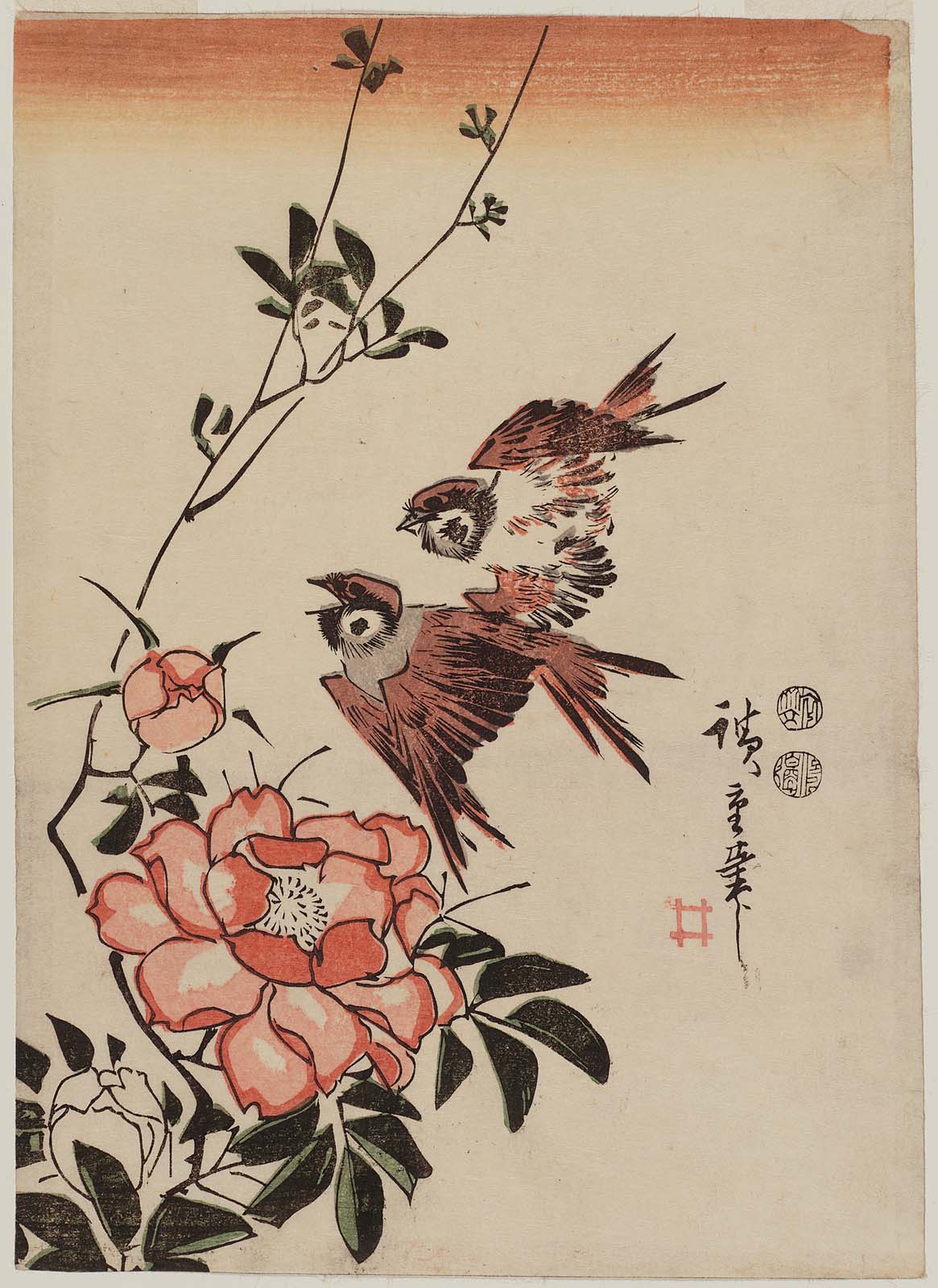 Hiroshiges - Sparrows and Rose - Chūban Format