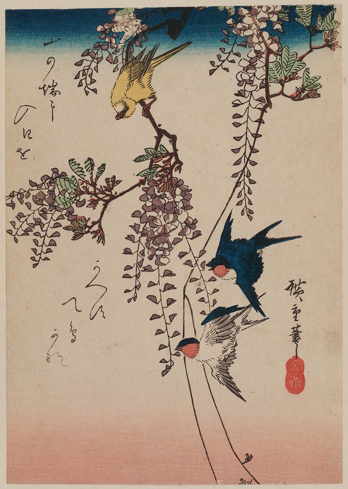 Hiroshiges - Swallows, Small Bird, and Wisteria - Chūban Format