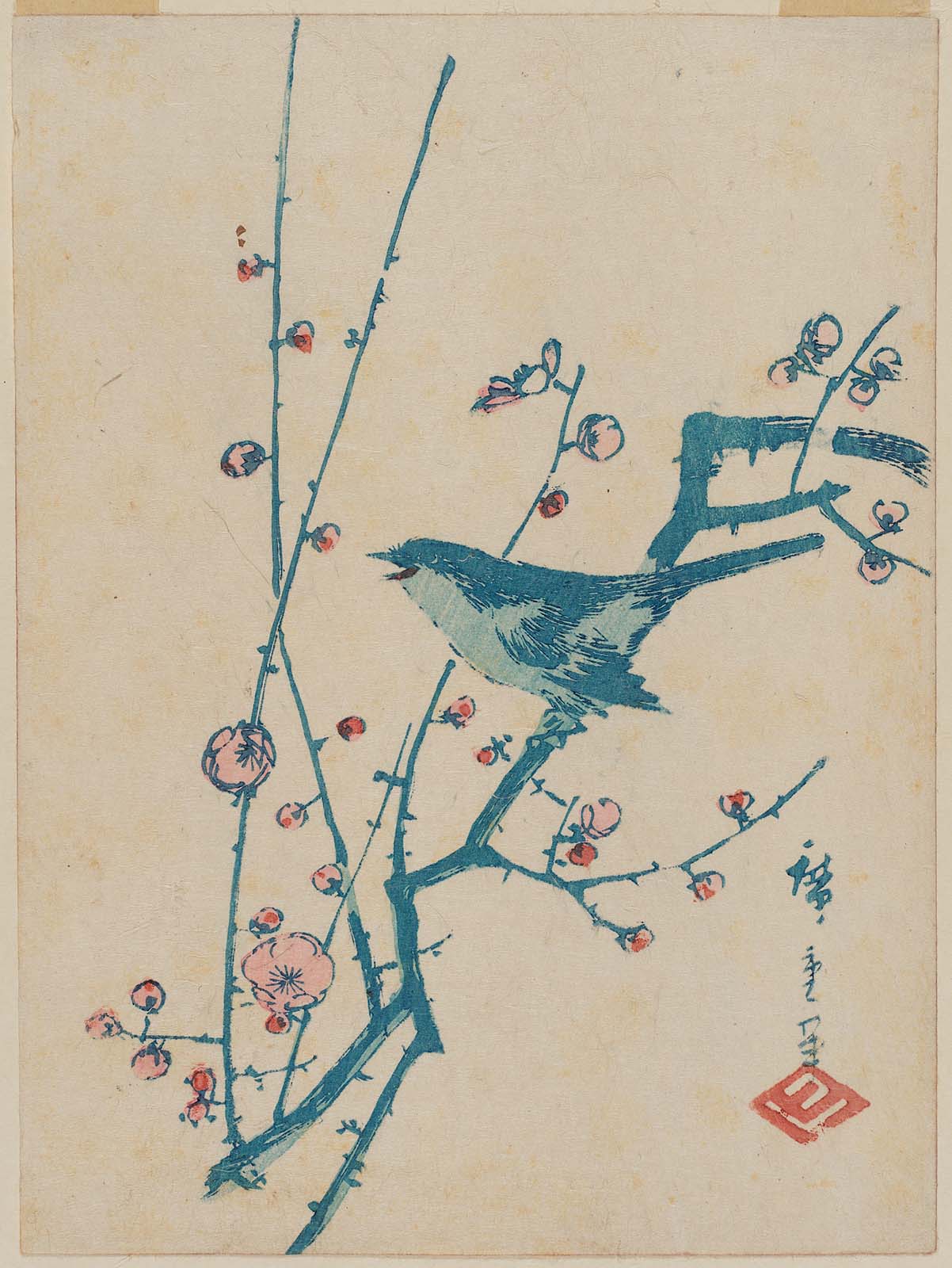 Hiroshiges - Warbler on Red Plum Branch - Chūban Format