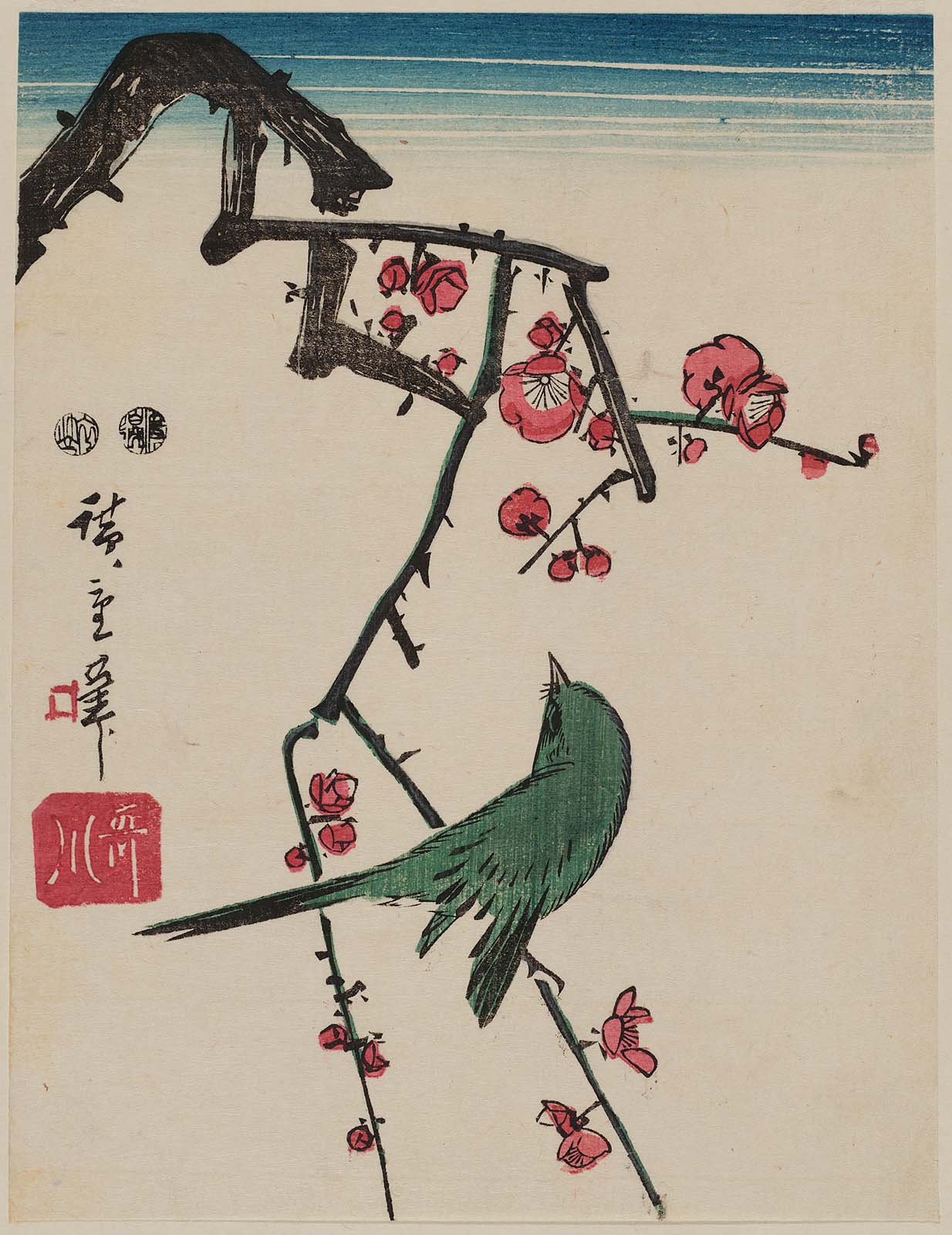 Hiroshiges - Warbler on Red Plum Branch - Chūban Format