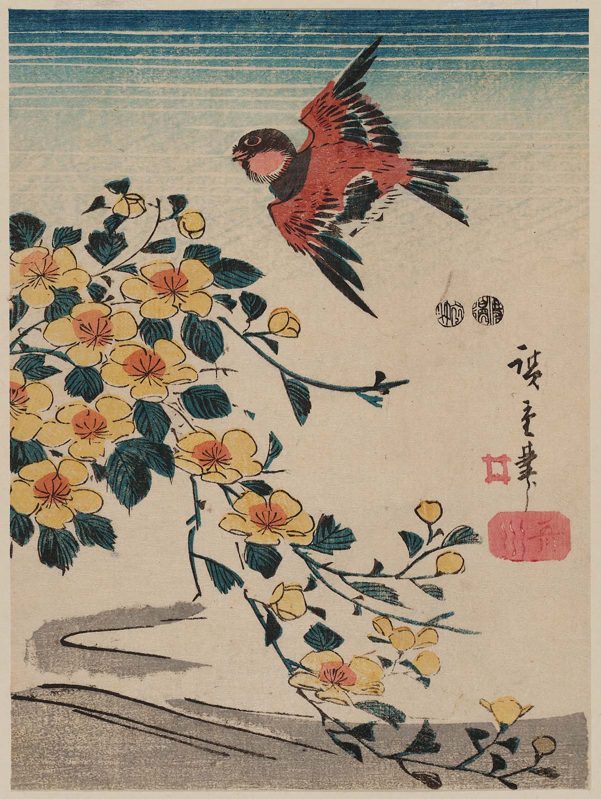 Hiroshiges - Yamabuki and Sparrow - Chūban Format