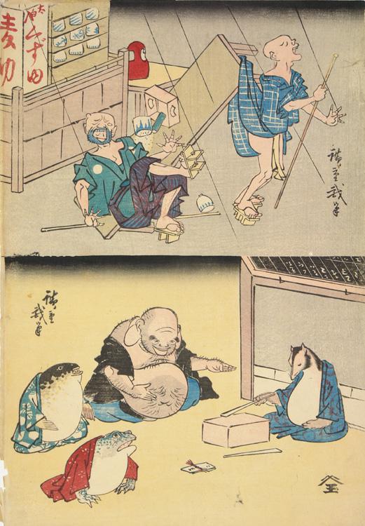 Hiroshiges - Nitta no Shiro Tadatsune at a Restaurant for Boar Meat, and Sato no Tadanobu Manipulating a Puppet of the Dancer Shizuka - A Collection of Comical Warriors 1854