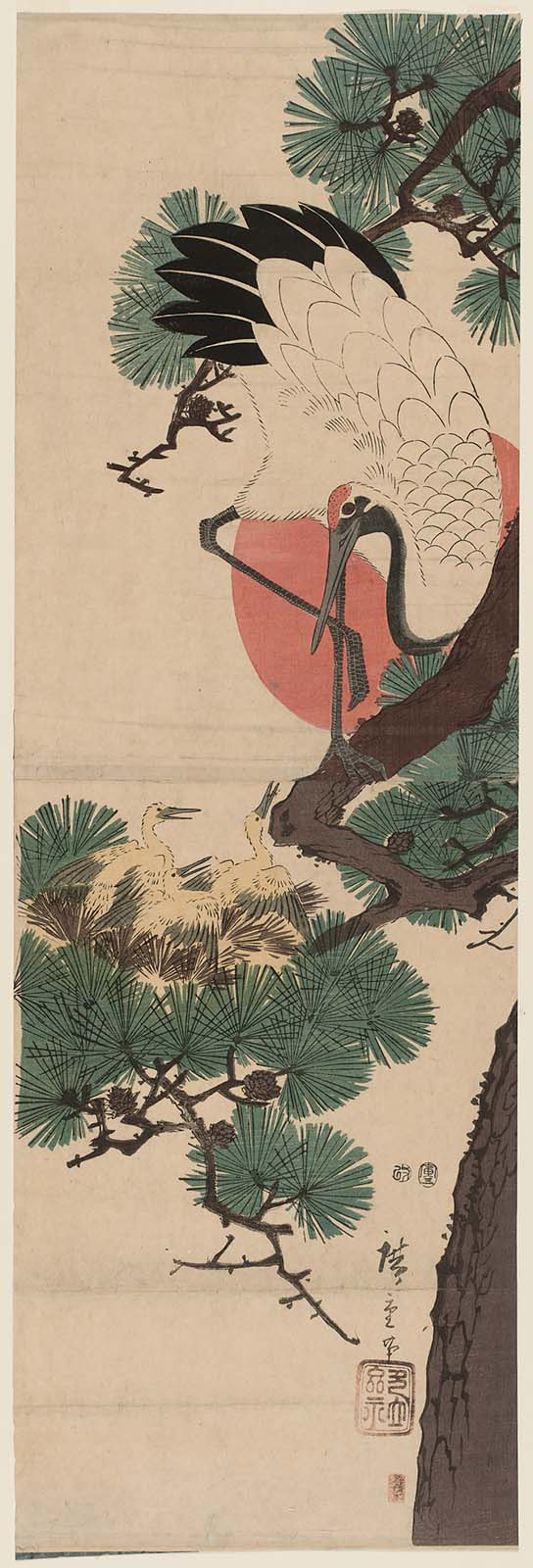 Hiroshiges - Crane and Nest of Young Birds on a Pine Branch - Ōban Diptychs