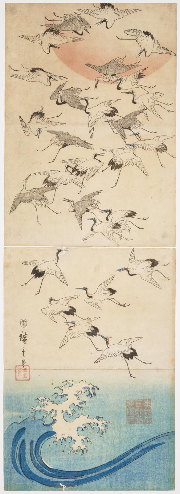 Hiroshiges - Cranes Flying over Waves - Ōban Diptychs