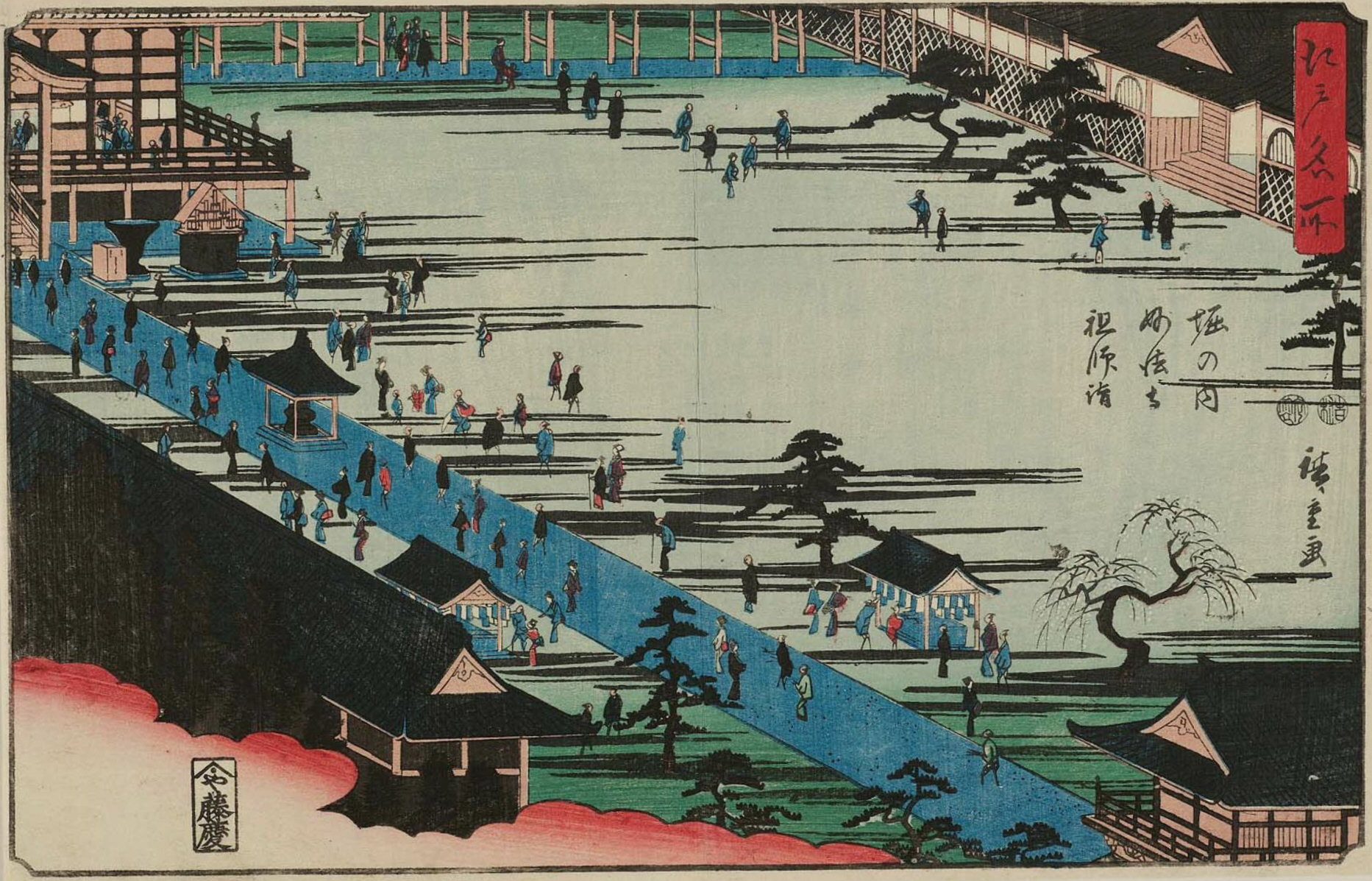 Hiroshiges - Visiting the Founder’s Hall at Myōhō-ji Temple in Horinouchi (Horinouchi Myōhō-ji Sōshi mōde) - Famous Places in Edo 1839-52