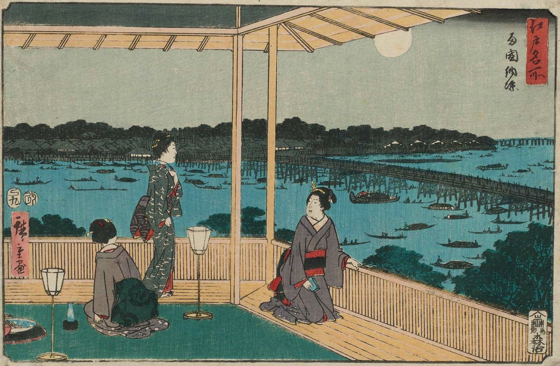 Hiroshiges - Enjoying the Evening Cool at Ryōgoku Bridge (Ryōgoku nōryō) - Famous Places in Edo 1857-58