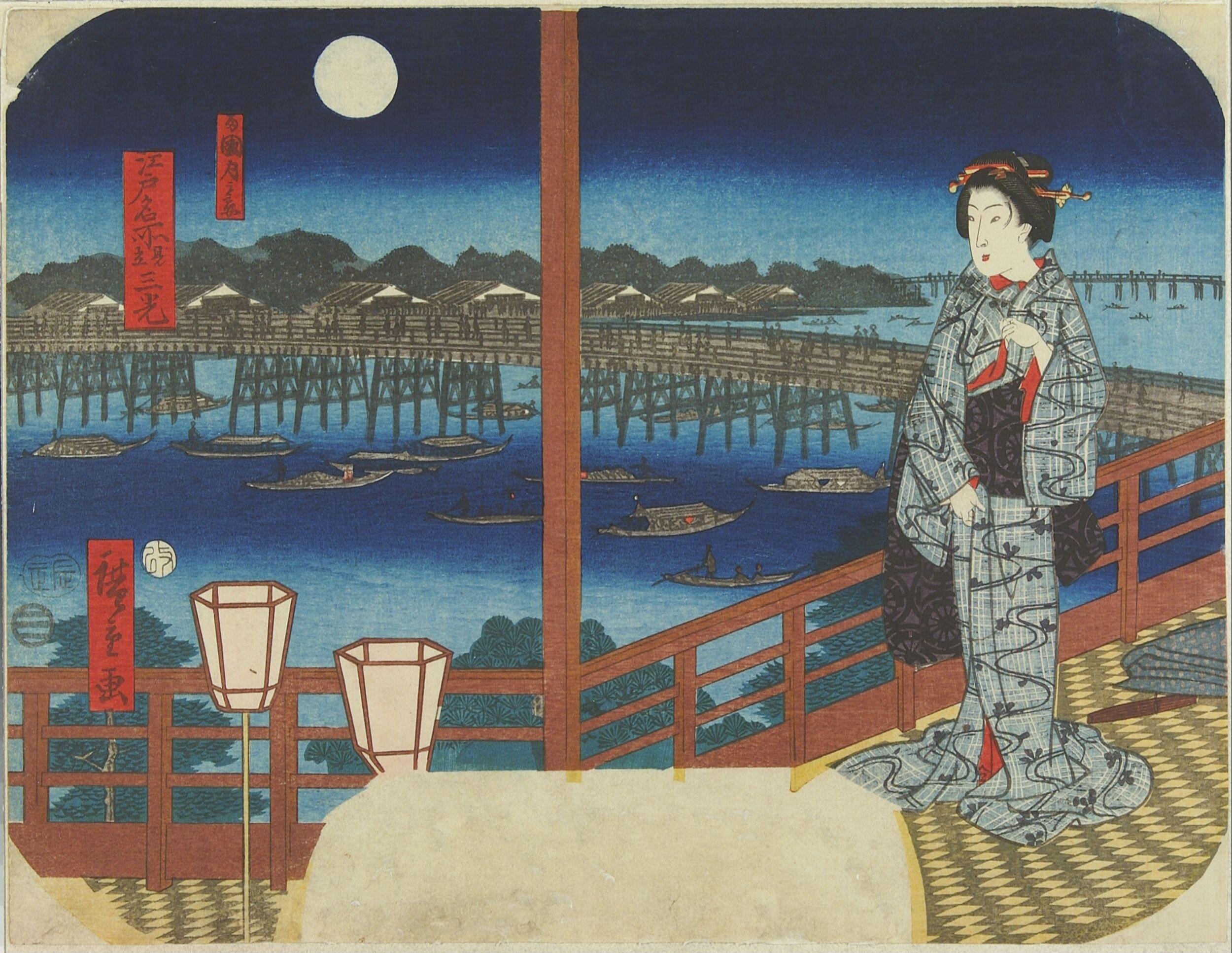 Hiroshiges - Moonlight at Ryōgoku (Ryōgoku Tsuki no Kage) - Famous Places of Edo Compared to Sun, Moon and Stars 1856