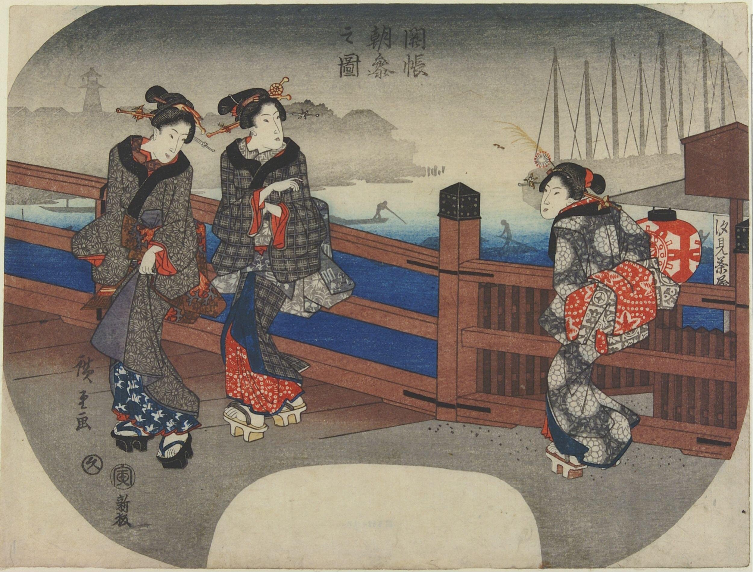 Hiroshiges - Visiting a Temple at Dawn (Kaichō Asamairi no Zu) - Miscellaneous Edo Fan Prints