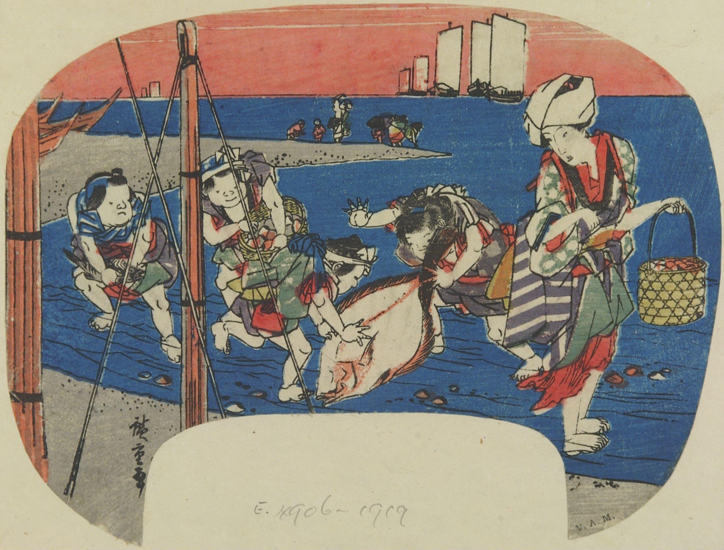 Hiroshiges - Women and Children by the Sea - Miscellaneous Edo Fan Prints