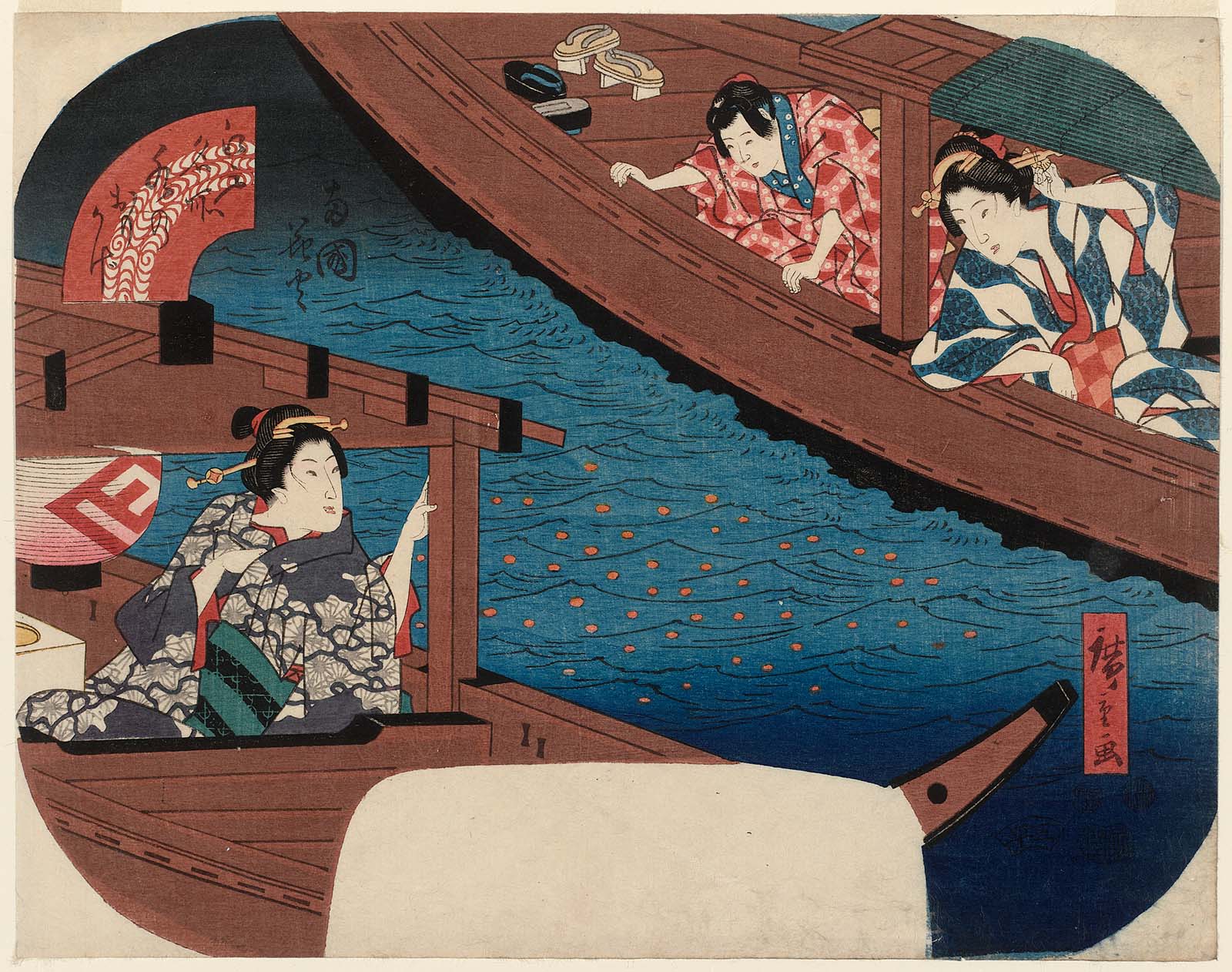 Hiroshiges - Fireworks at Ryōgoku (Ryōgoku hanabi) - Reflections on Water at Famous Places in Edo late 1840s