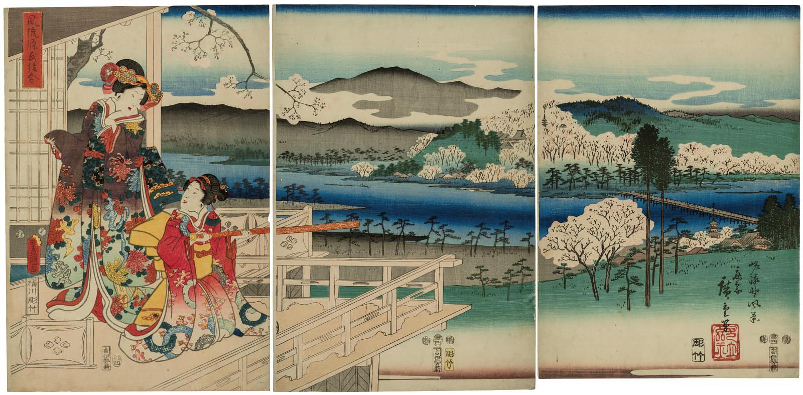 Hiroshiges - The Picture Contest; View of Sagano (Eawase, Sagano fūkei) - Fashionable Genji 1853