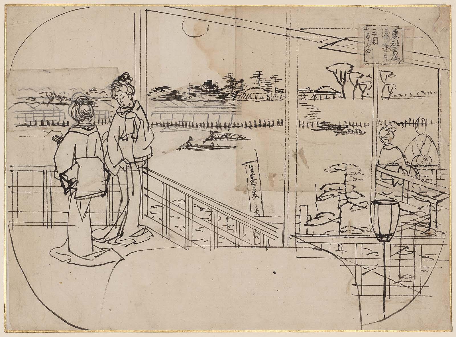 Hiroshiges - Drawing for: The Mimeguri Shrine from the Opposite Side of the Crossing (Mimeguri Mukōgoshi) - Ferry Crossings in Katsuchika in the Eastern Capital 1854