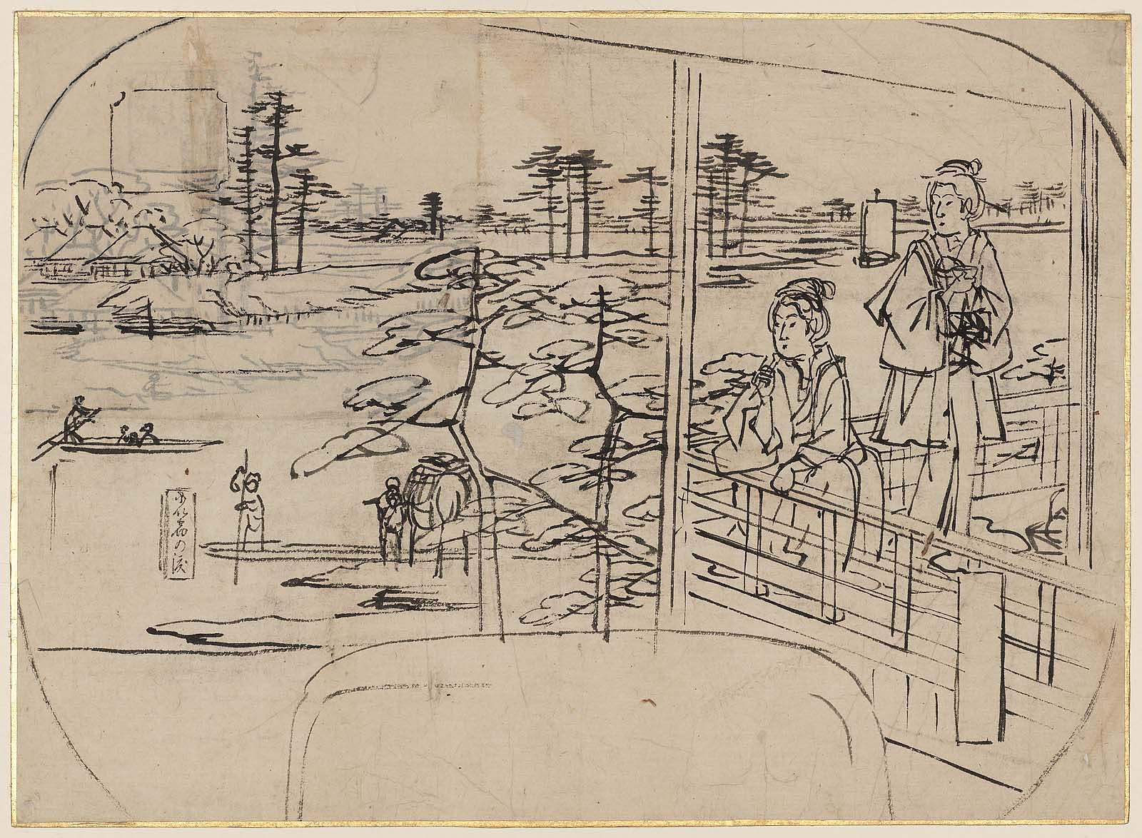 Hiroshiges - Drawing for: The Niijuku Crossing (Niijuku no Watashi) - Ferry Crossings in Katsuchika in the Eastern Capital 1854