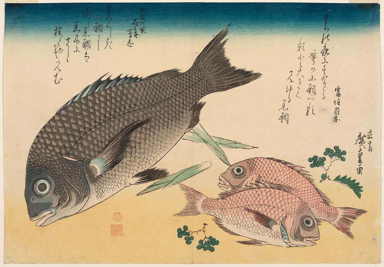 Hiroshiges - Black Sea Bream, Small Sea Bream, Asparagus Shoots, and Sansho Pepper - Grand Series of Fishes (1832-33 & 1840-42)