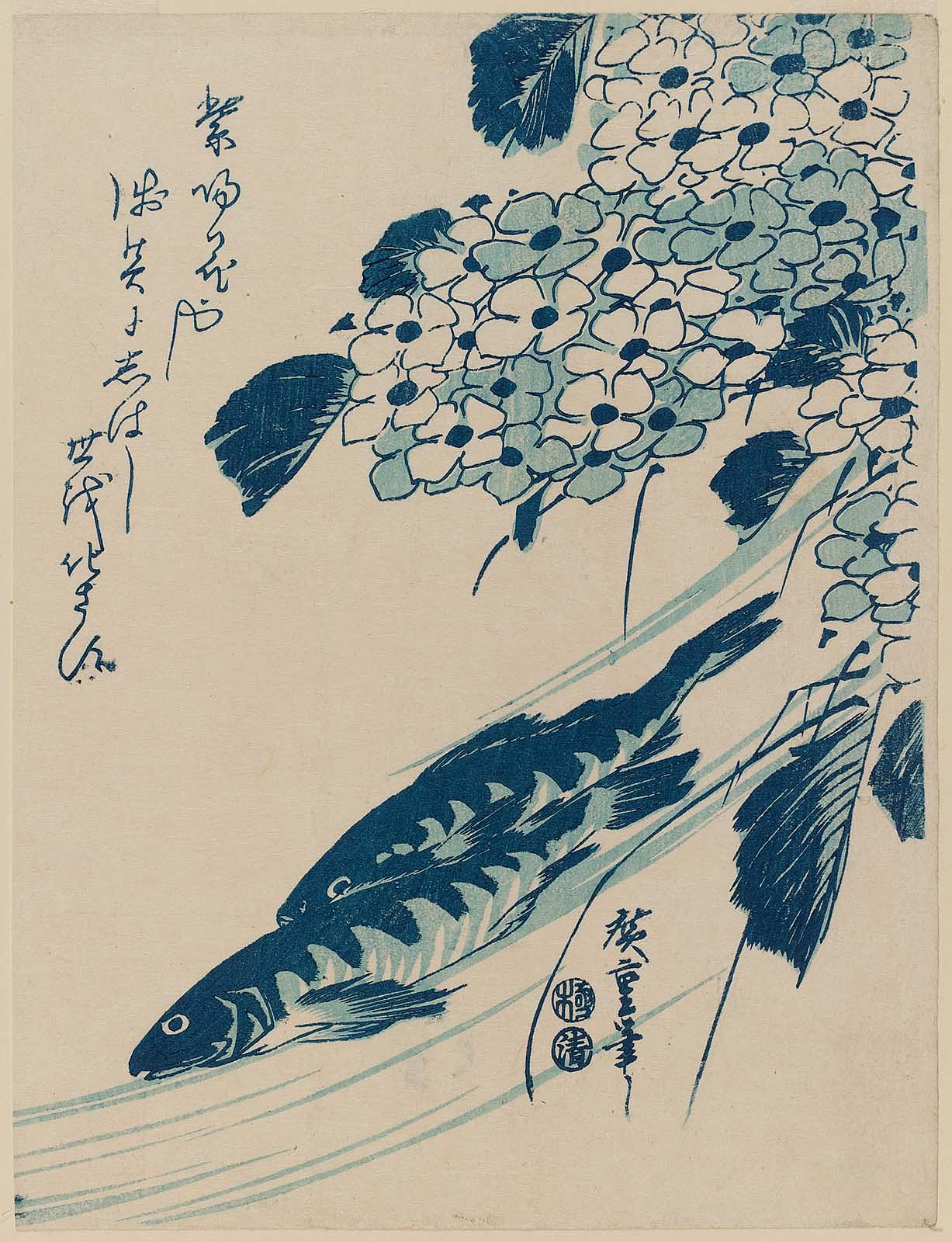 Hiroshiges - Sweetfish and Hydrangeas - Miscellaneous Fish Prints: Chūban Format