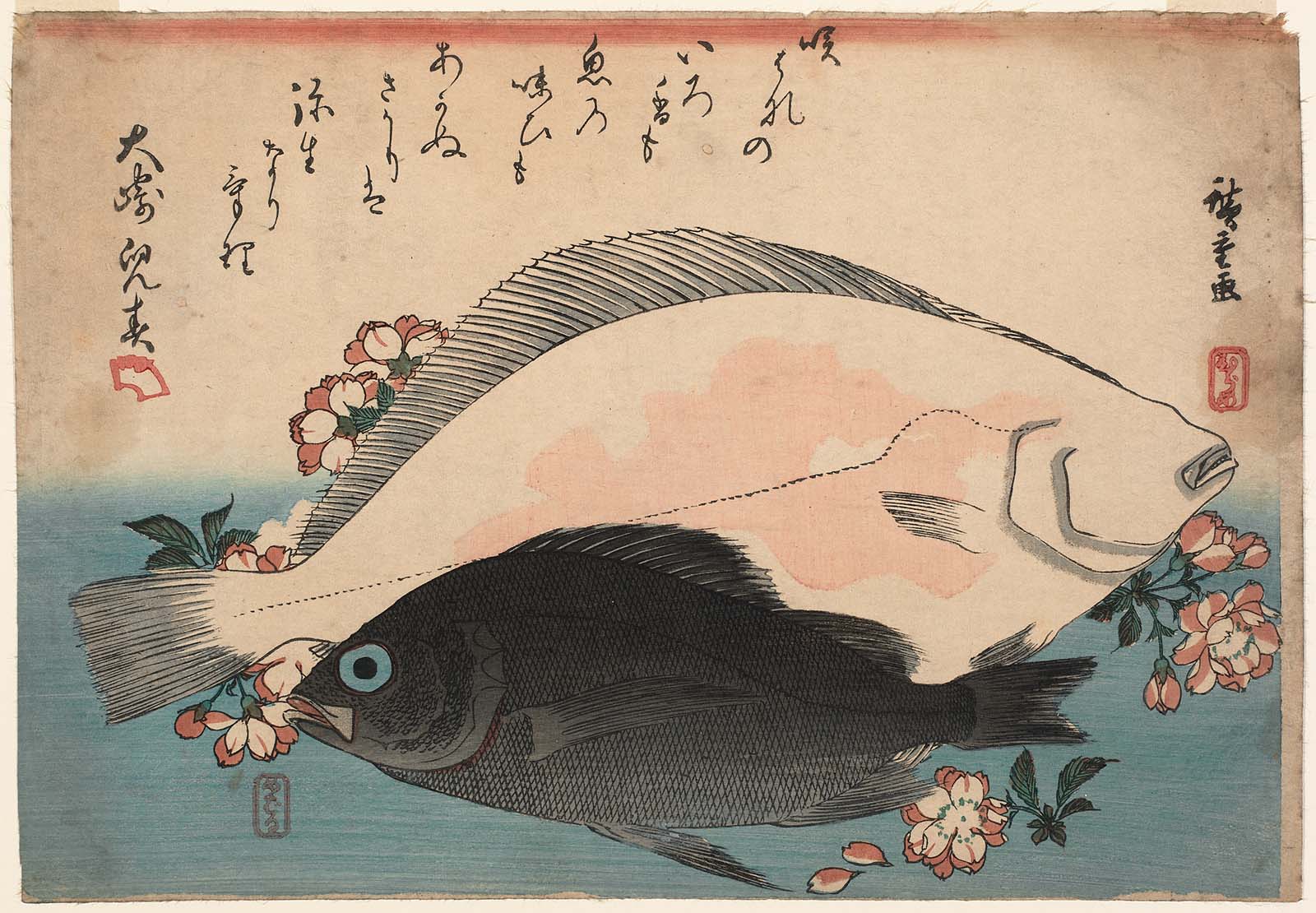 Hiroshiges - Halibut, Plaice, and Wild Cherry - Grand Series of Fishes (1832-33 & 1840-42)