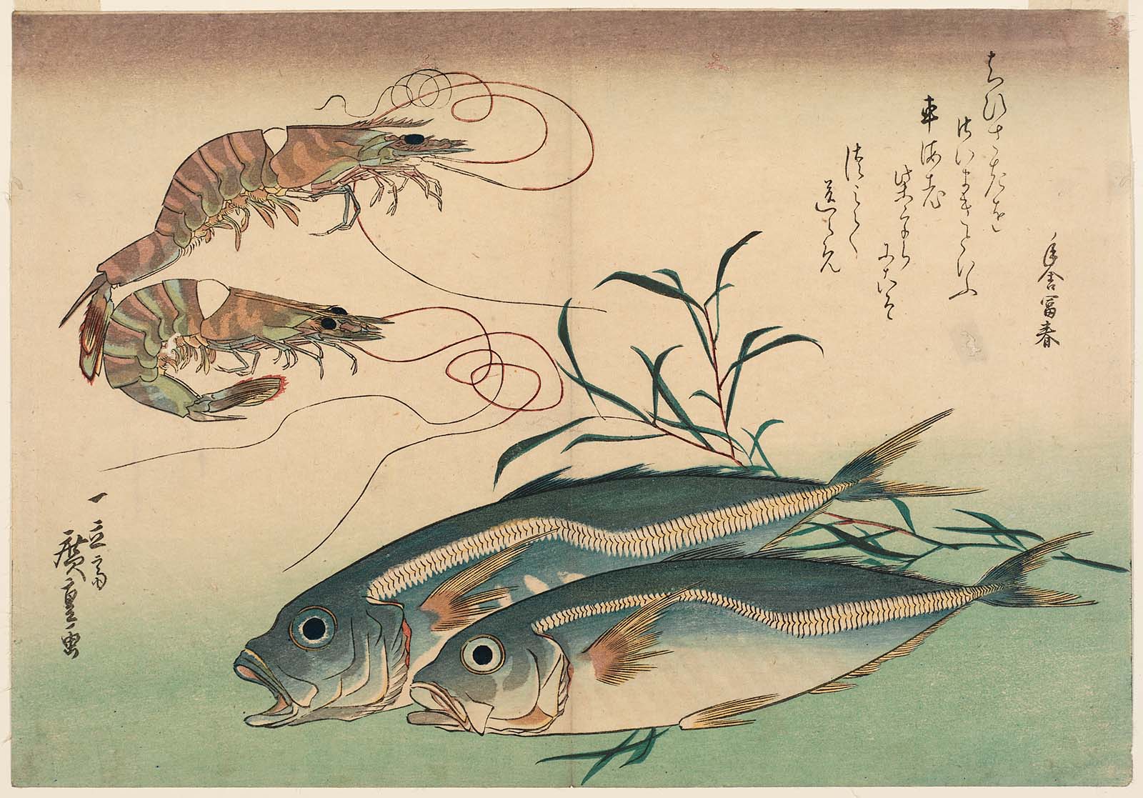 Hiroshiges - Horse Mackerel, Freshwater Prawns, and Seaweed - Grand Series of Fishes (1832-33 & 1840-42)