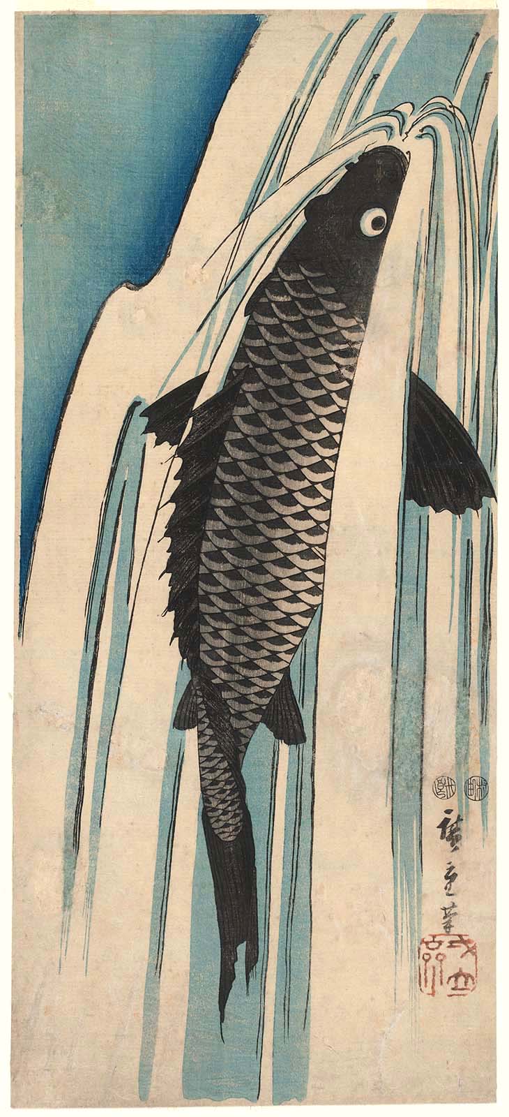 Hiroshiges - Carp Ascending a Waterfall - Miscellaneous Fish Prints: Ō-tanzaku Format