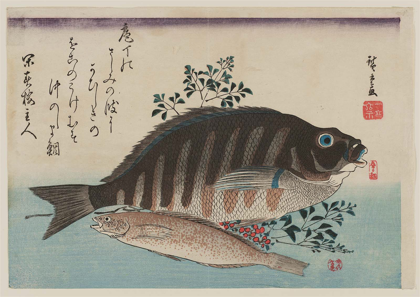 Hiroshiges - Striped Sea Bream, Rock-trout, and Nandina - Grand Series of Fishes (1832-33 & 1840-42)