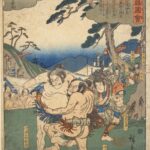 Hiroshiges - (1) The Soga Brothers’ father, Kawazu no Saburō Sukemichi (left), defeating Matano Gorō Kagehisa (right). - Illustrated Tale of the Soga Brothers 1845-46