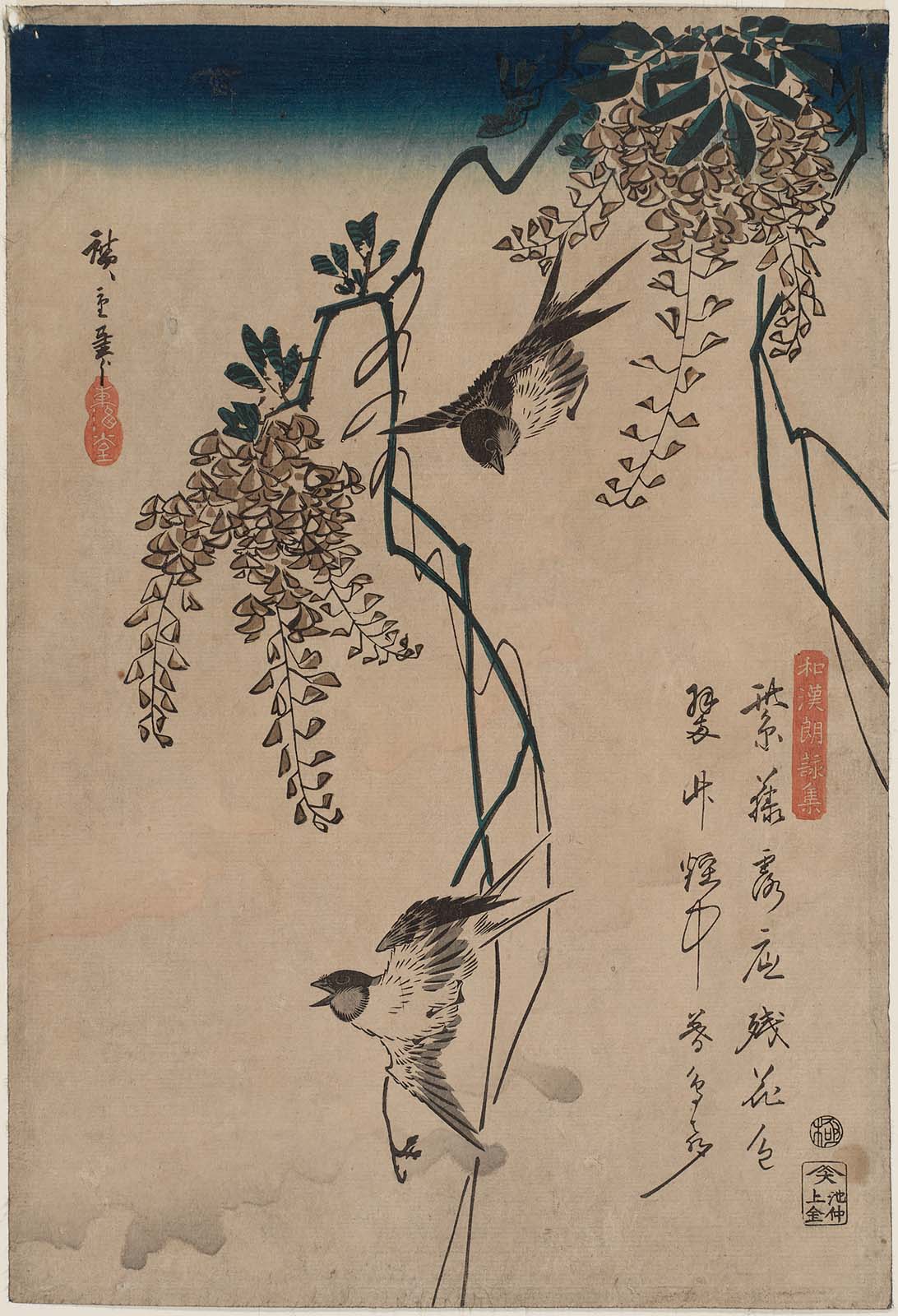 Hiroshiges - Swallows and Wisteria - Japanese and Chinese Poems for Recitation 1842-43