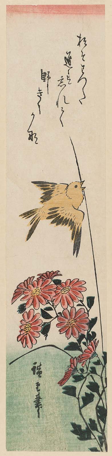 Hiroshiges - Bird and Wild Chrysanthemums - Ko-tanzaku Format