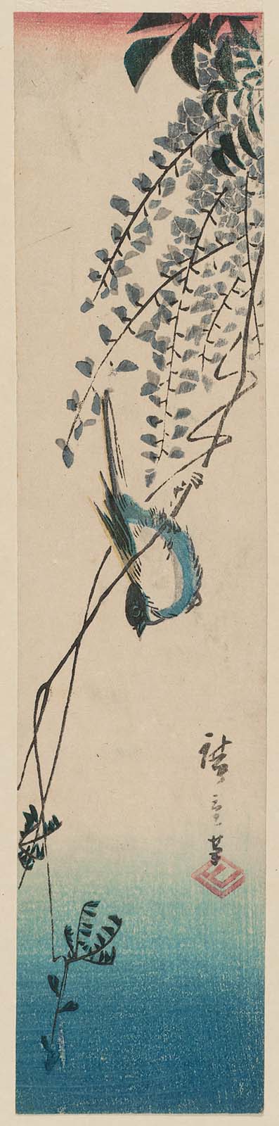 Hiroshiges - Bird on Wisteria - Ko-tanzaku Format