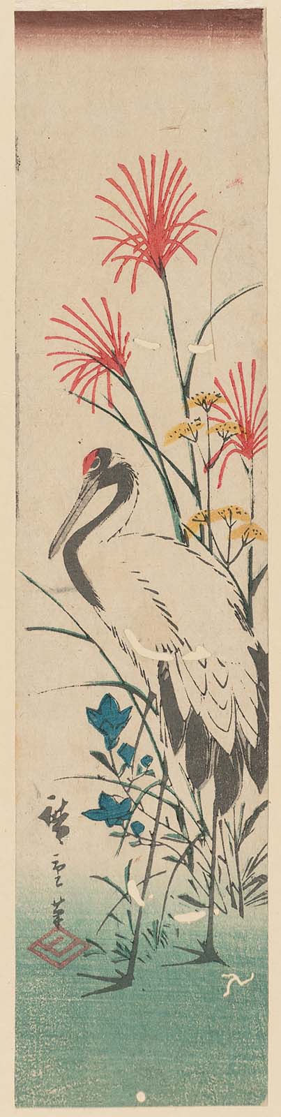 Hiroshiges - Crane and Autumn Flowers - Ko-tanzaku Format