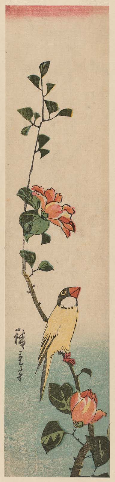 Hiroshiges - Finch on Wild Rose Branch - Ko-tanzaku Format