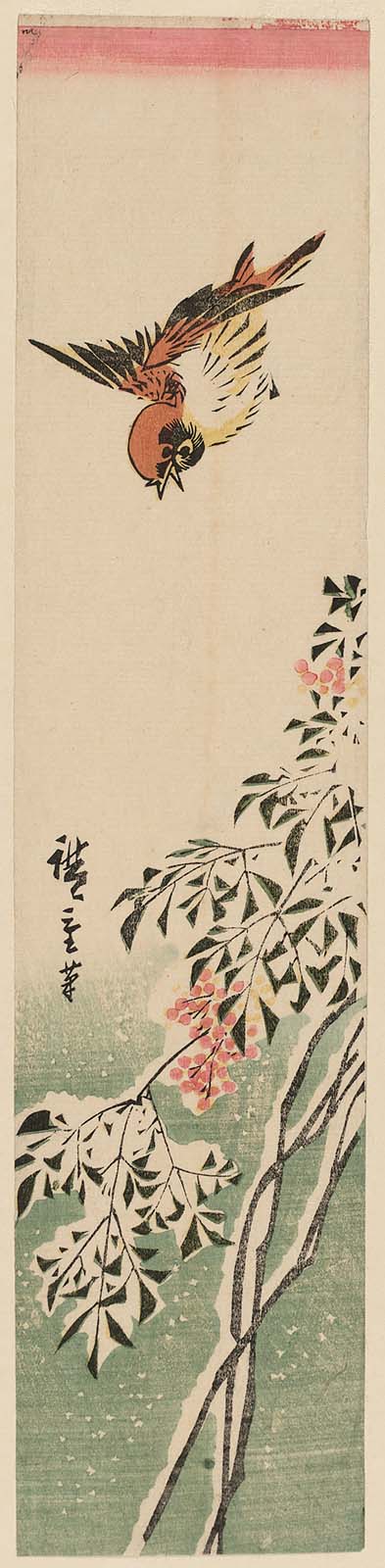 Hiroshiges - Sparrow and Nandina in Snow - Ko-tanzaku Format