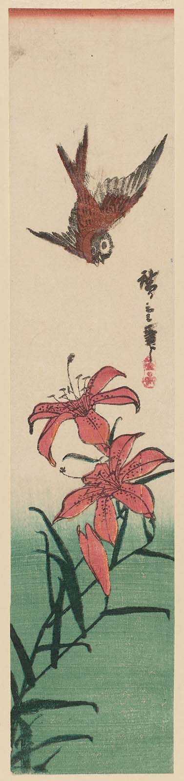 Hiroshiges - Swallow and Lily - Ko-tanzaku Format