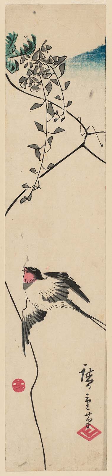 Hiroshiges - Swallow and Wisteria - Ko-tanzaku Format