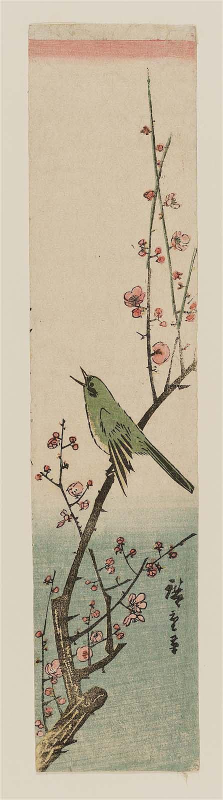 Hiroshiges - Warbler on Red Plum Branch - Ko-tanzaku Format