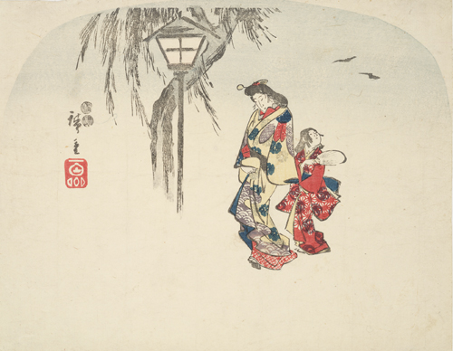 Hiroshiges - Bijin Walking by the Light of a Lantern - Miscellaneous Fan prints