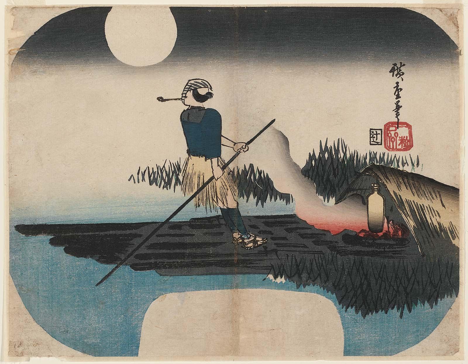 Hiroshiges - Man Poling a Raft on a Moonlit Night - Miscellaneous Fan prints