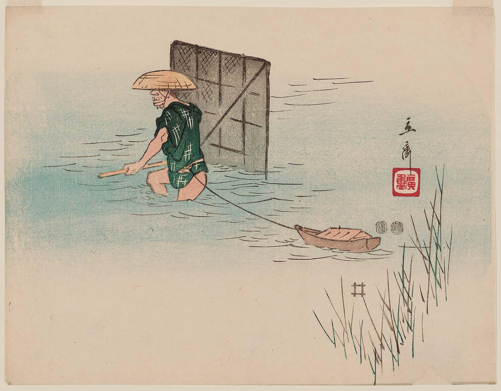 Hiroshiges - Wading Fisherman with a Scoop Net - Miscellaneous Fan prints