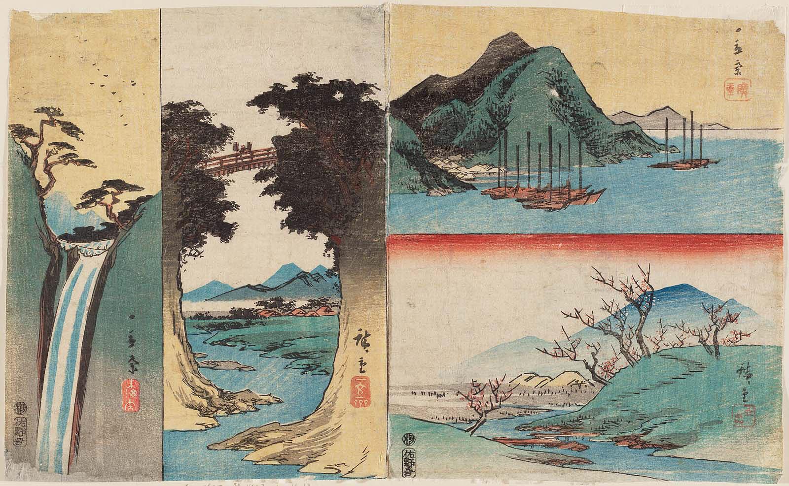 Hiroshiges - Harimaze sheet with four landscapes: Harbor with Boats (top right), Plum Garden at Sugita (bottom right), Monkey Bridge (center left), Waterfall (left) - Miscellaneous Landscape Prints